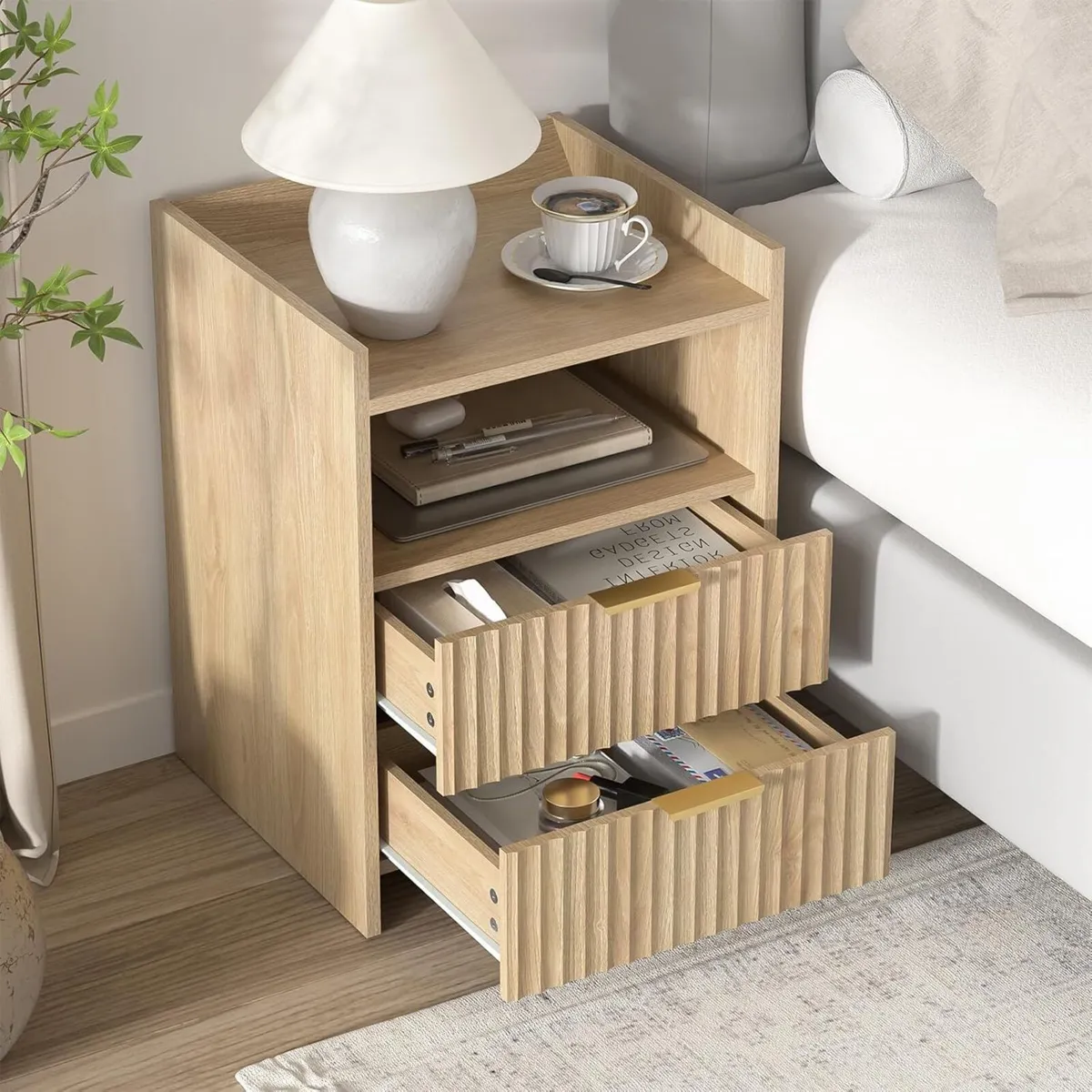 Fluted Bedside Table with 2 Drawers Nightstand - Image 3