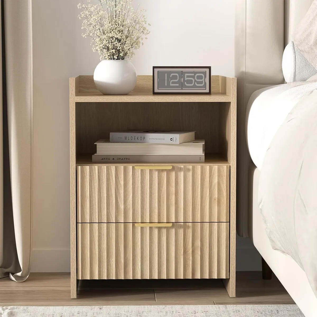 Fluted Bedside Table with 2 Drawers Nightstand - Image 4