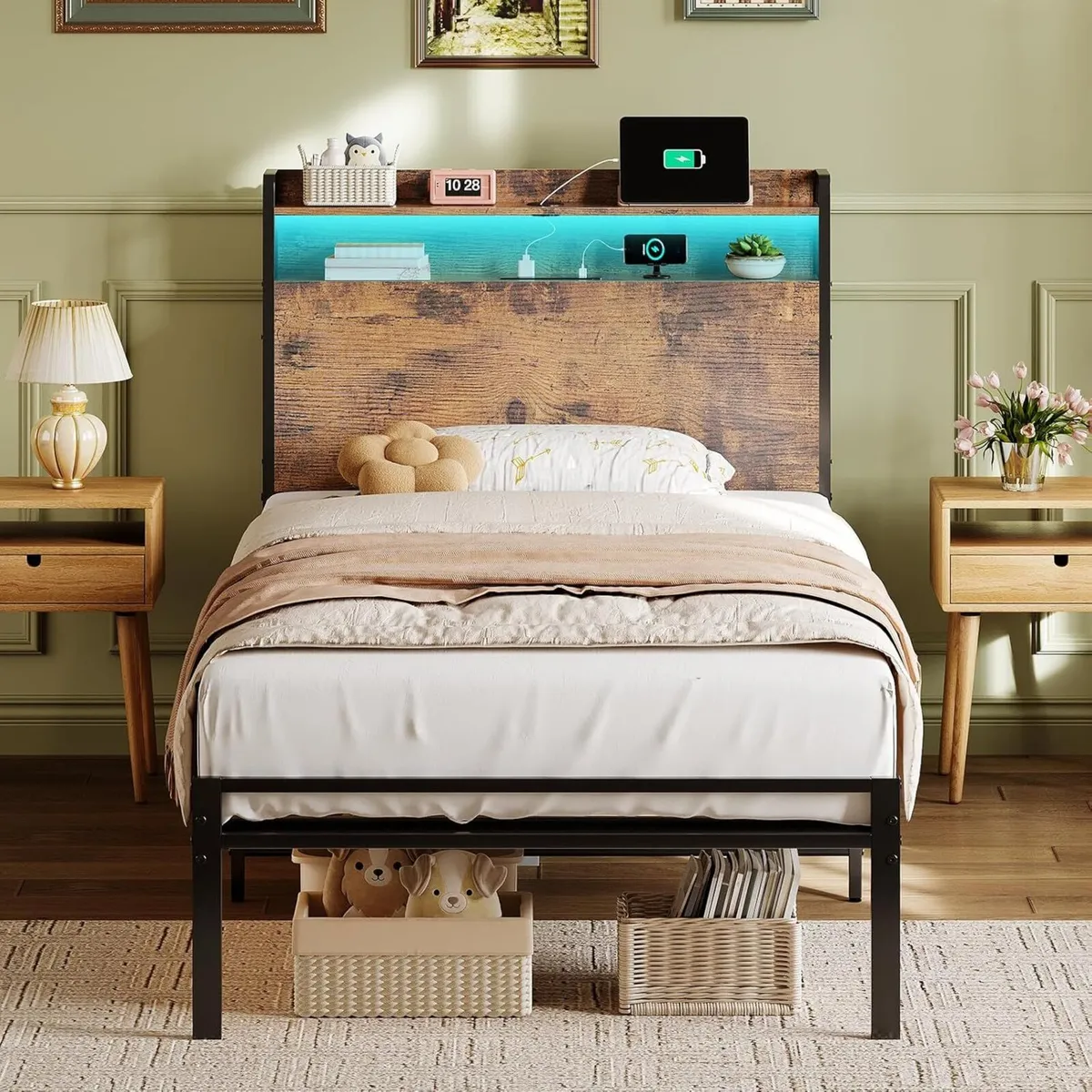 3ft Single Bed Frame with Storage Wooden Headboard - Image 1
