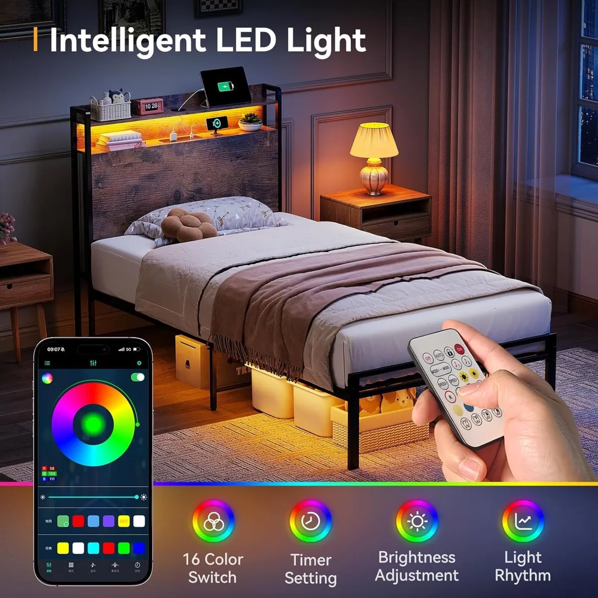 3ft Single Bed Frame with Storage Wooden Headboard - Image 3