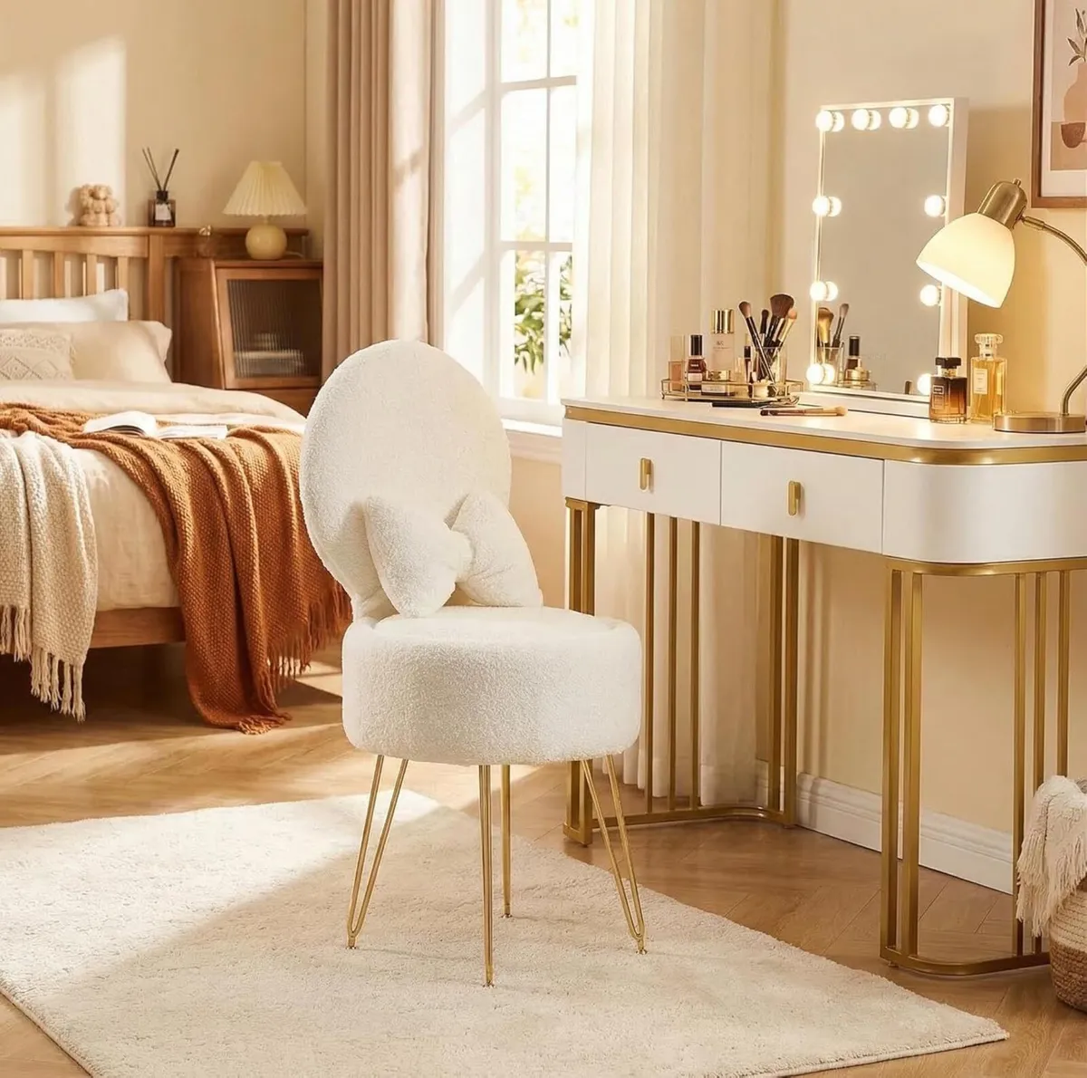 White Dressing Table Chair Sherpa Fleece Vanity - Image 3