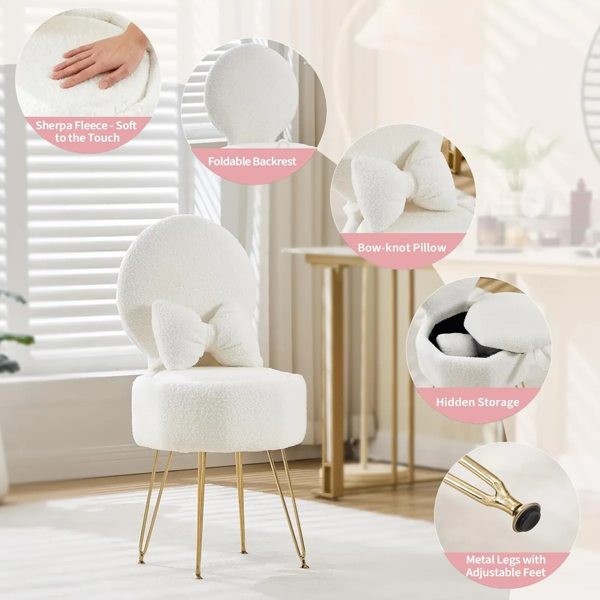 White Dressing Table Chair Sherpa Fleece Vanity - Image 4