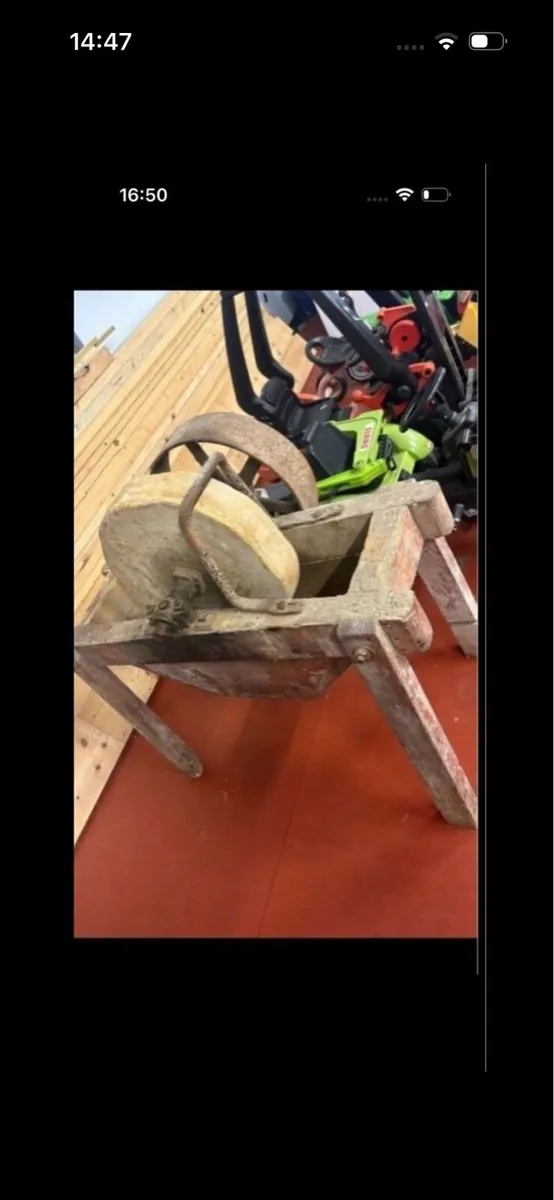 19 century stone wheel with stand and pully belt - Image 3