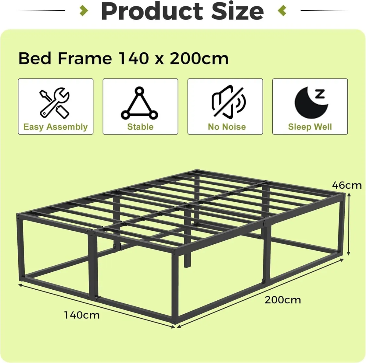 46 cm High Metal Bed Frame 140x200 Heavy Duty - Image 2