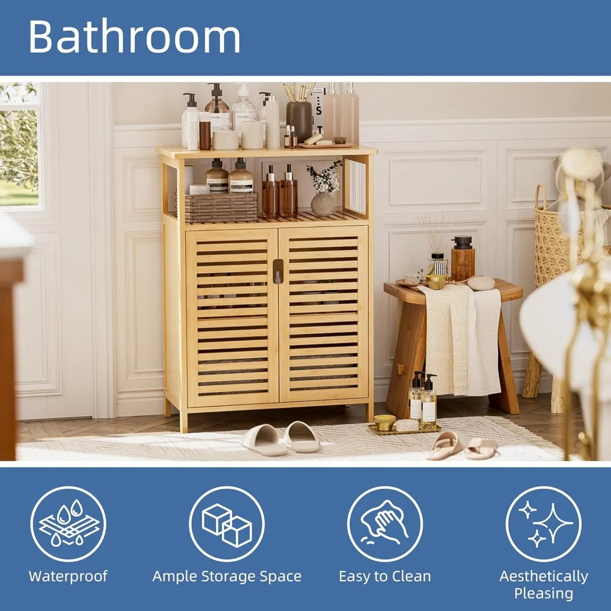 Bathroom Storage Cabinet Bamboo Side Organizer - Image 4