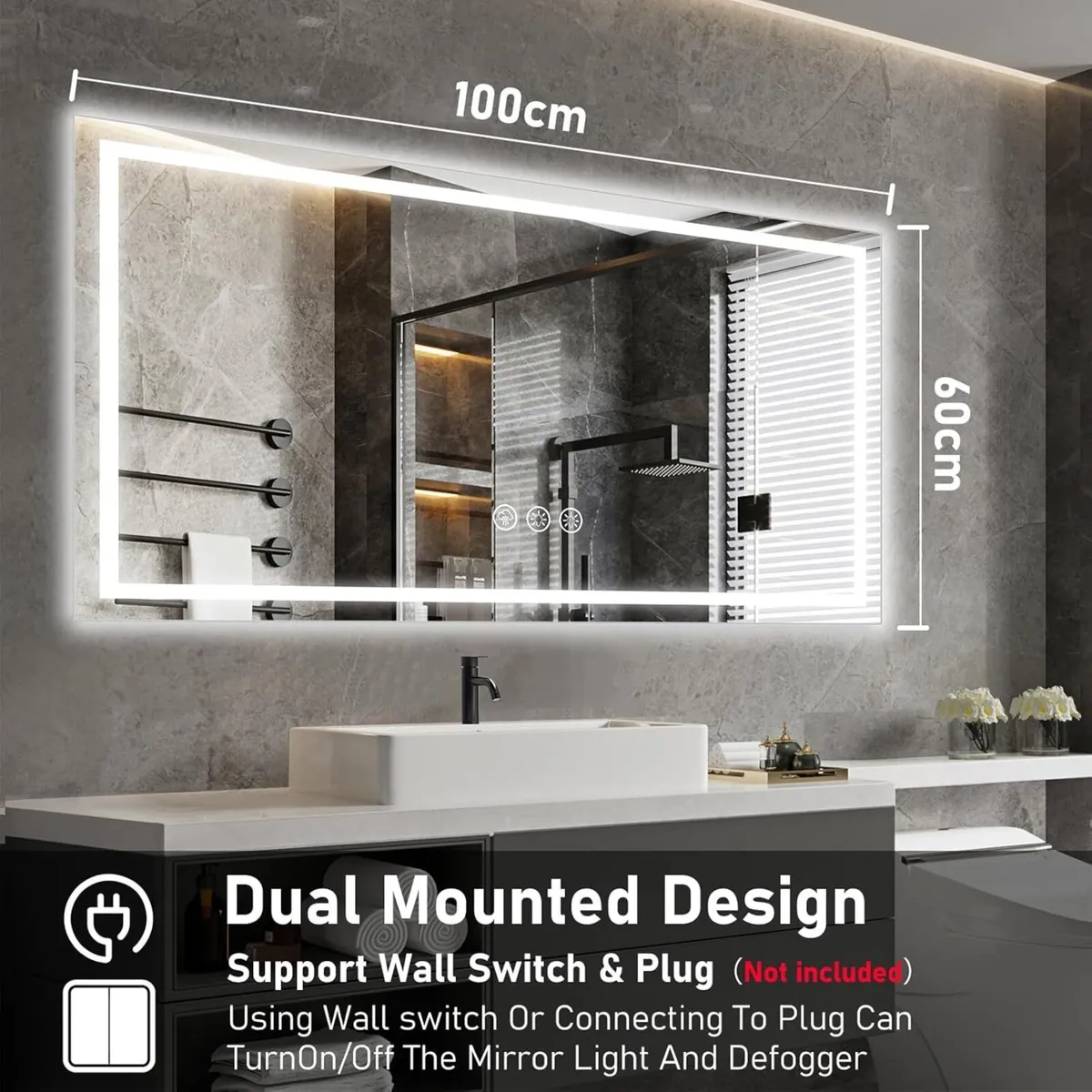 LED Bathroom Wall Mirror with Lights - 600x1000 - Image 2