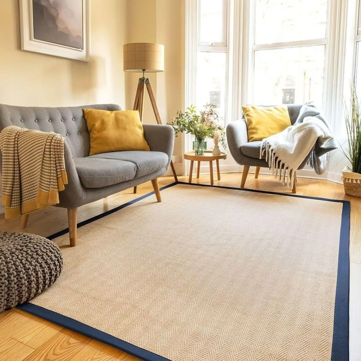 Natural Herringbone Navy Cotton Border Jute Area - Image 1