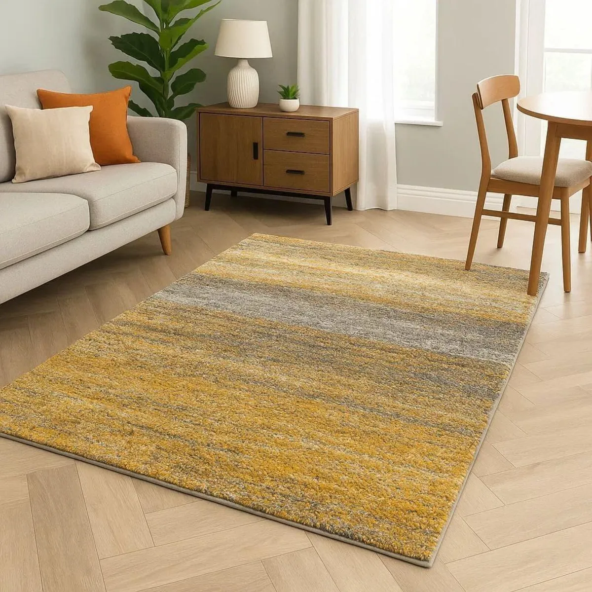 Yellow White Grey Stripe Pattern Shaggy Rug Soft - Image 1