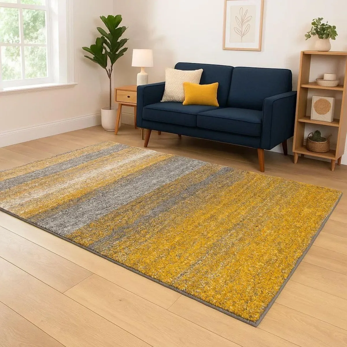 Yellow White Grey Stripe Pattern Shaggy Rug Soft - Image 2