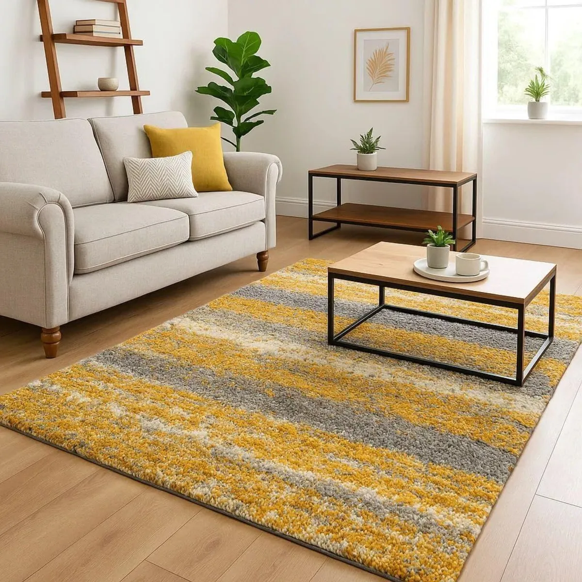 Yellow White Grey Stripe Pattern Shaggy Rug Soft - Image 4