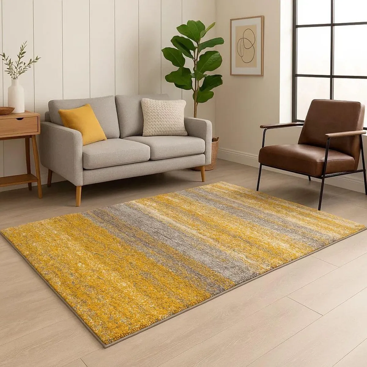 Yellow White Grey Stripe Pattern Shaggy Rug Soft - Image 3