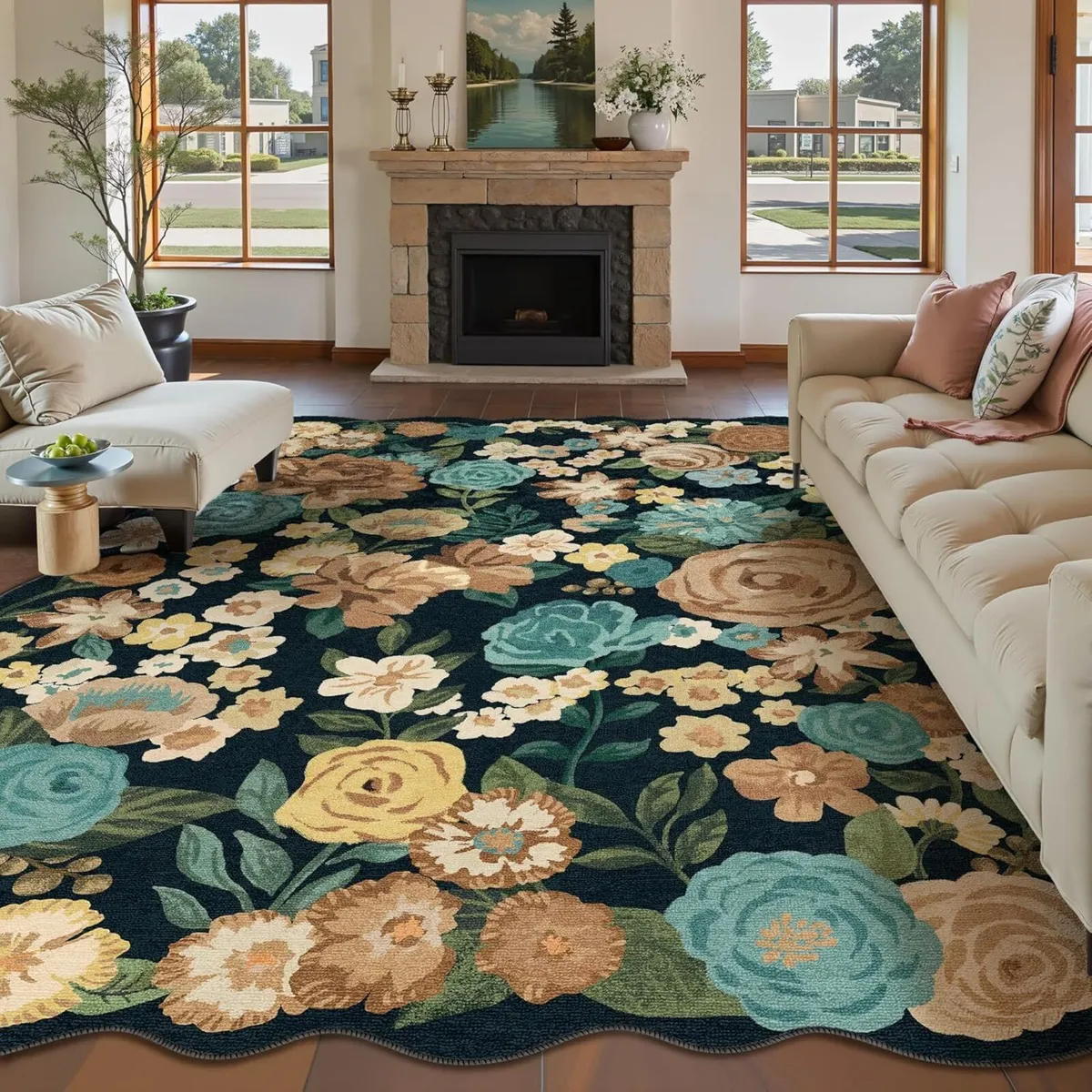 Black Rugs Living Room Washable Flower Area Rug - Image 1