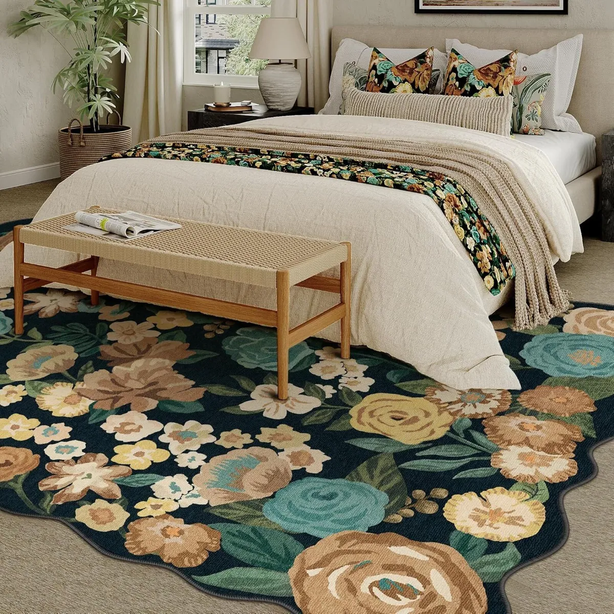 Black Rugs Living Room Washable Flower Area Rug - Image 3