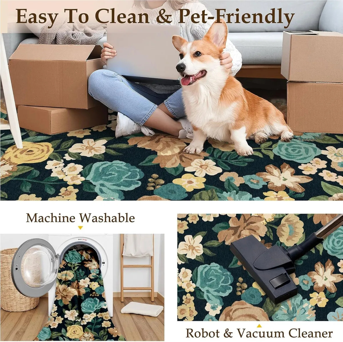 Black Rugs Living Room Washable Flower Area Rug - Image 4