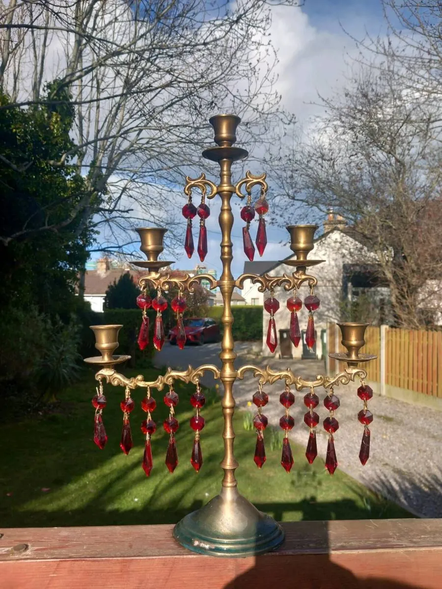 Brass candelabra red glass. Prob Russian, D18 - Image 1