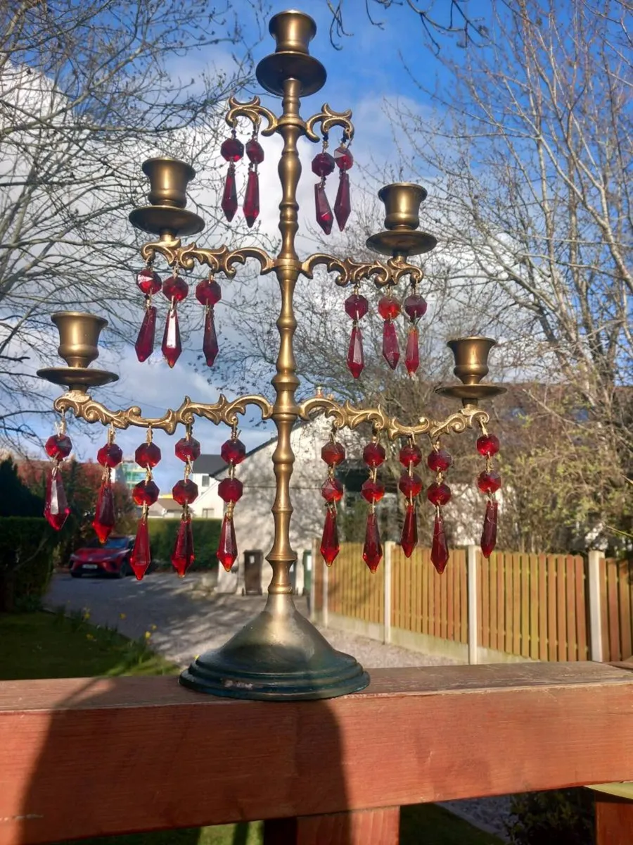 Brass candelabra red glass. Prob Russian, D18 - Image 2