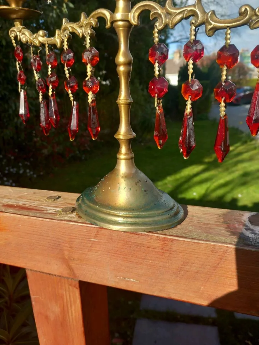 Brass candelabra red glass. Prob Russian, D18 - Image 3