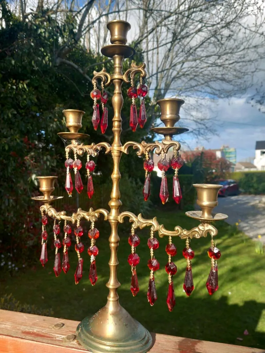 Brass candelabra red glass. Prob Russian, D18 - Image 4