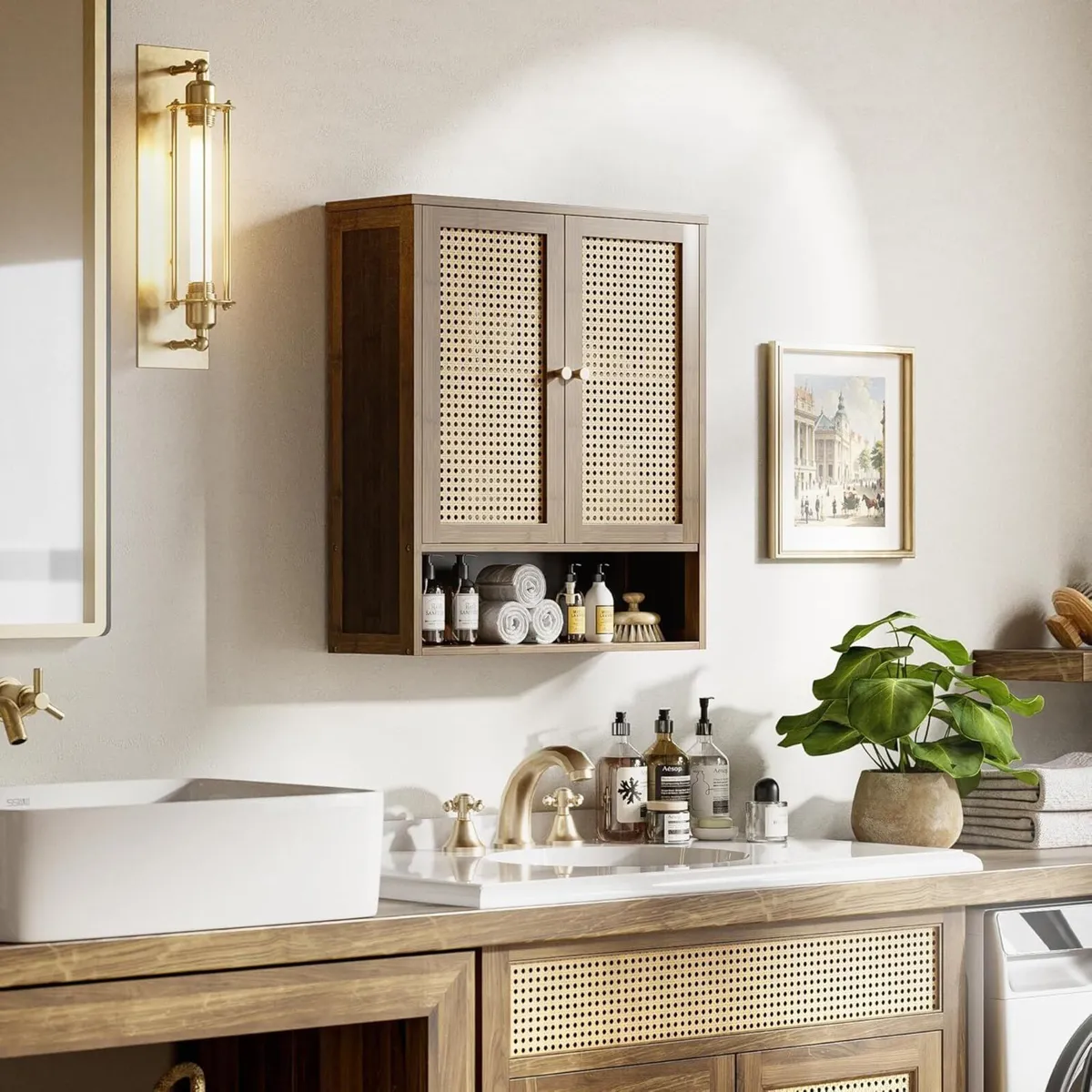 Bathroom Cabinet Wall Mount Rattan Medicine with - Image 2