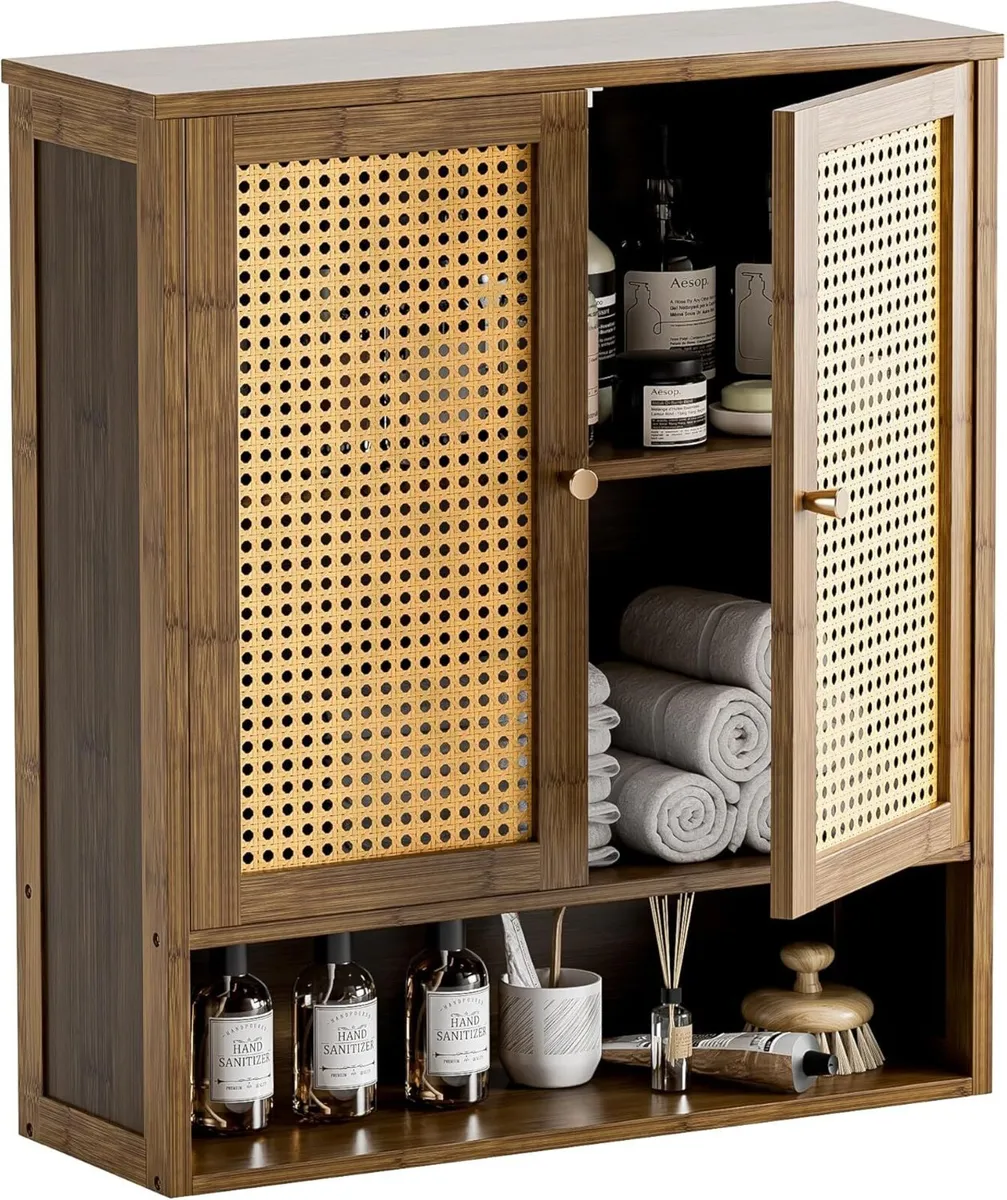 Bathroom Cabinet Wall Mount Rattan Medicine with - Image 1