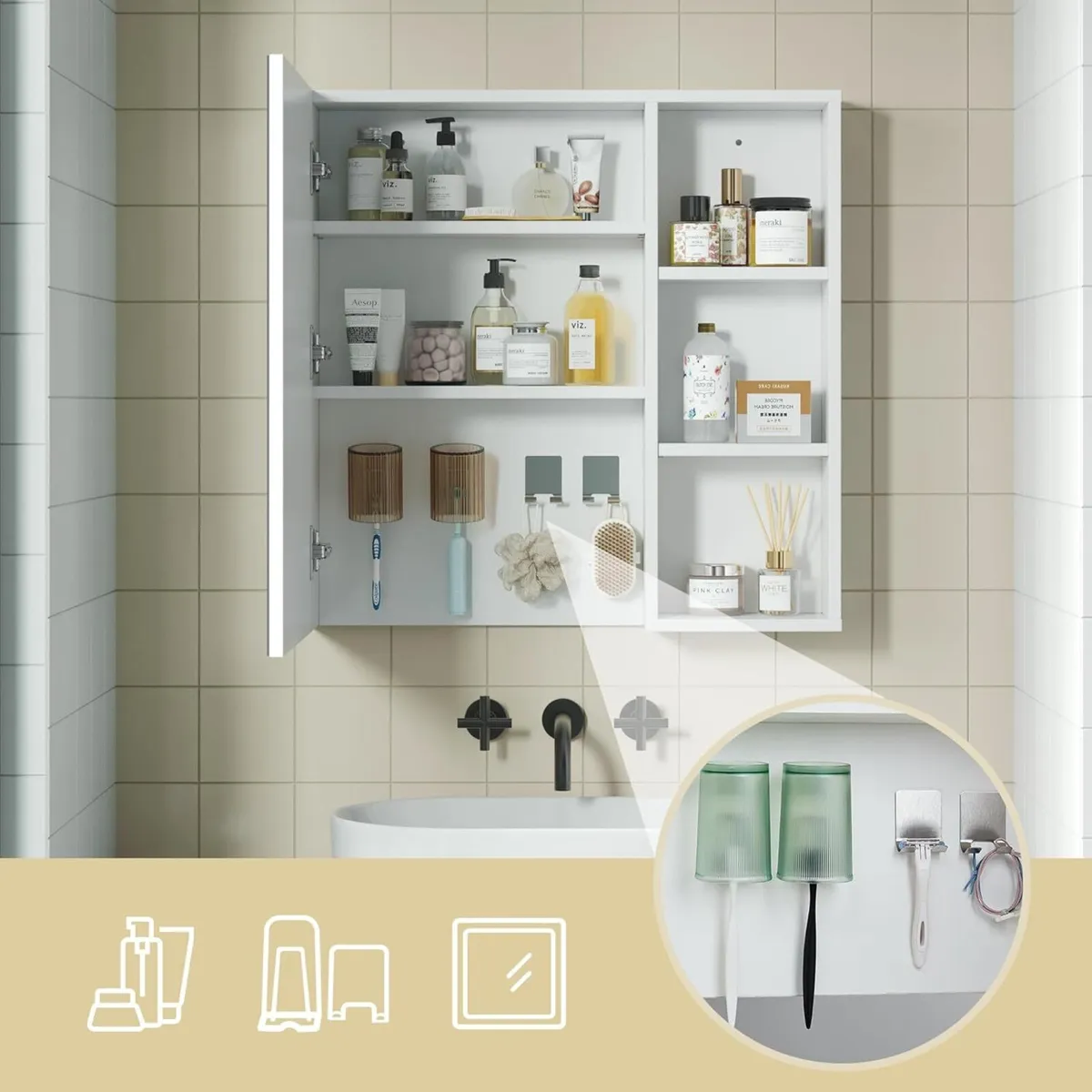 Bathroom Mirror Cabinet Wall with Toothbrush - Image 4