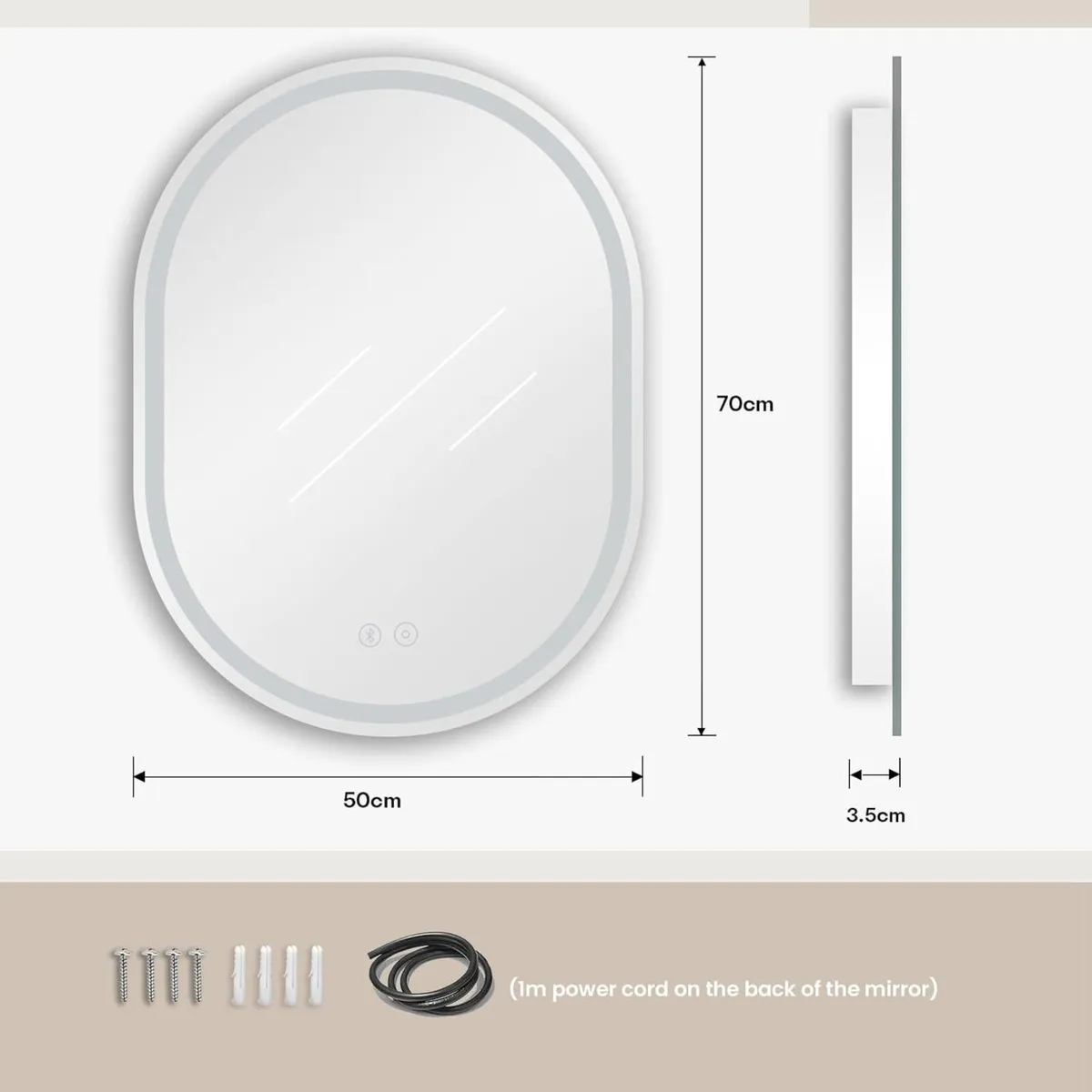 500 x 700 mm Bluetooth Oval Bathroom LED Mirror - Image 2
