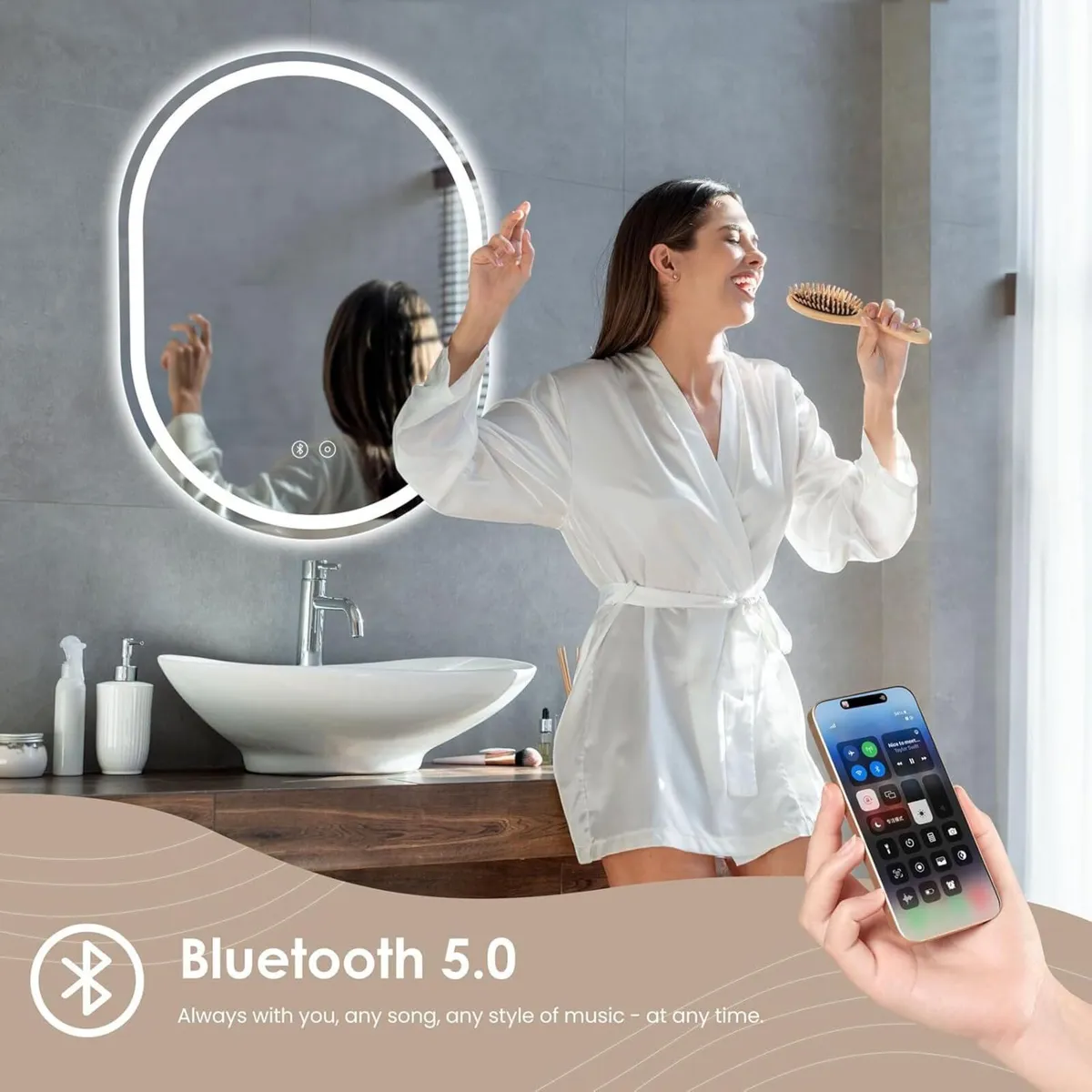 500 x 700 mm Bluetooth Oval Bathroom LED Mirror - Image 3
