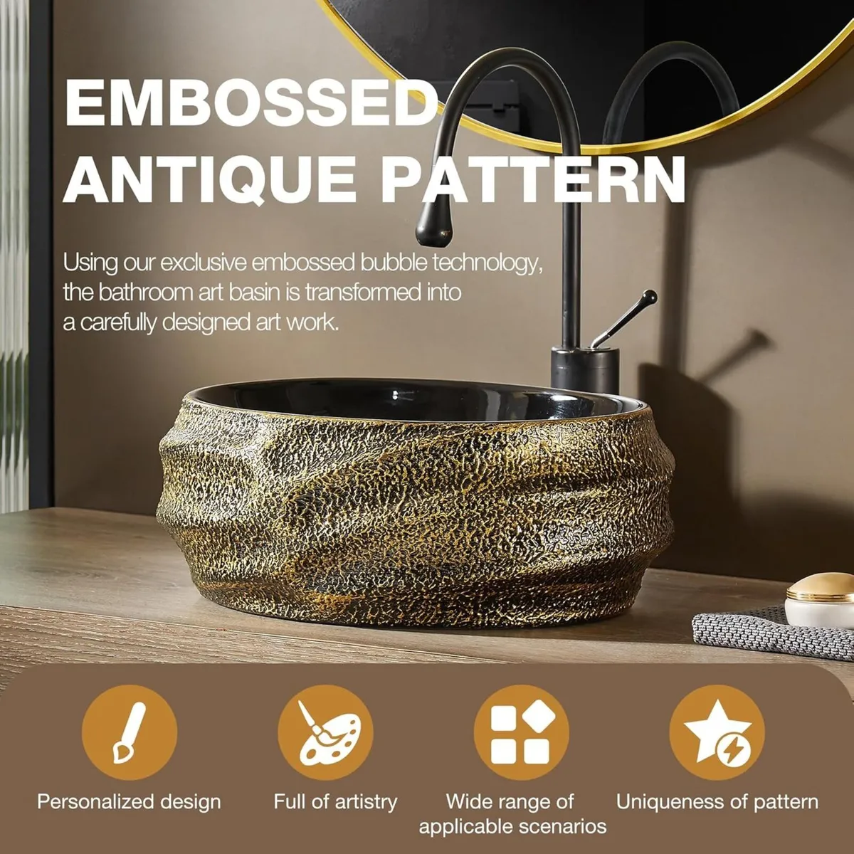 45x40cm Oval Bathroom Vessel Sink Antique Pattern - Image 3