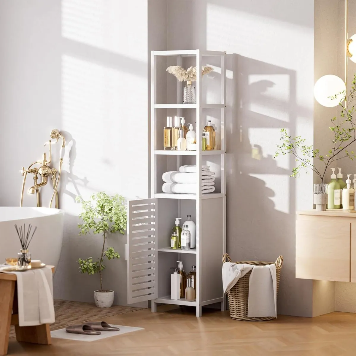 Bathroom Storage Cabinet Bamboo Tall Narrow Linen - Image 2