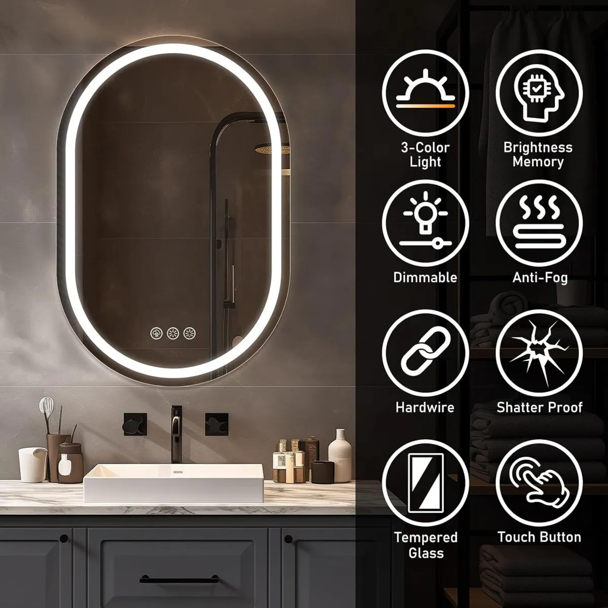 Oval LED Bathroom Mirror with Lights–600x900mm 3 - Image 4
