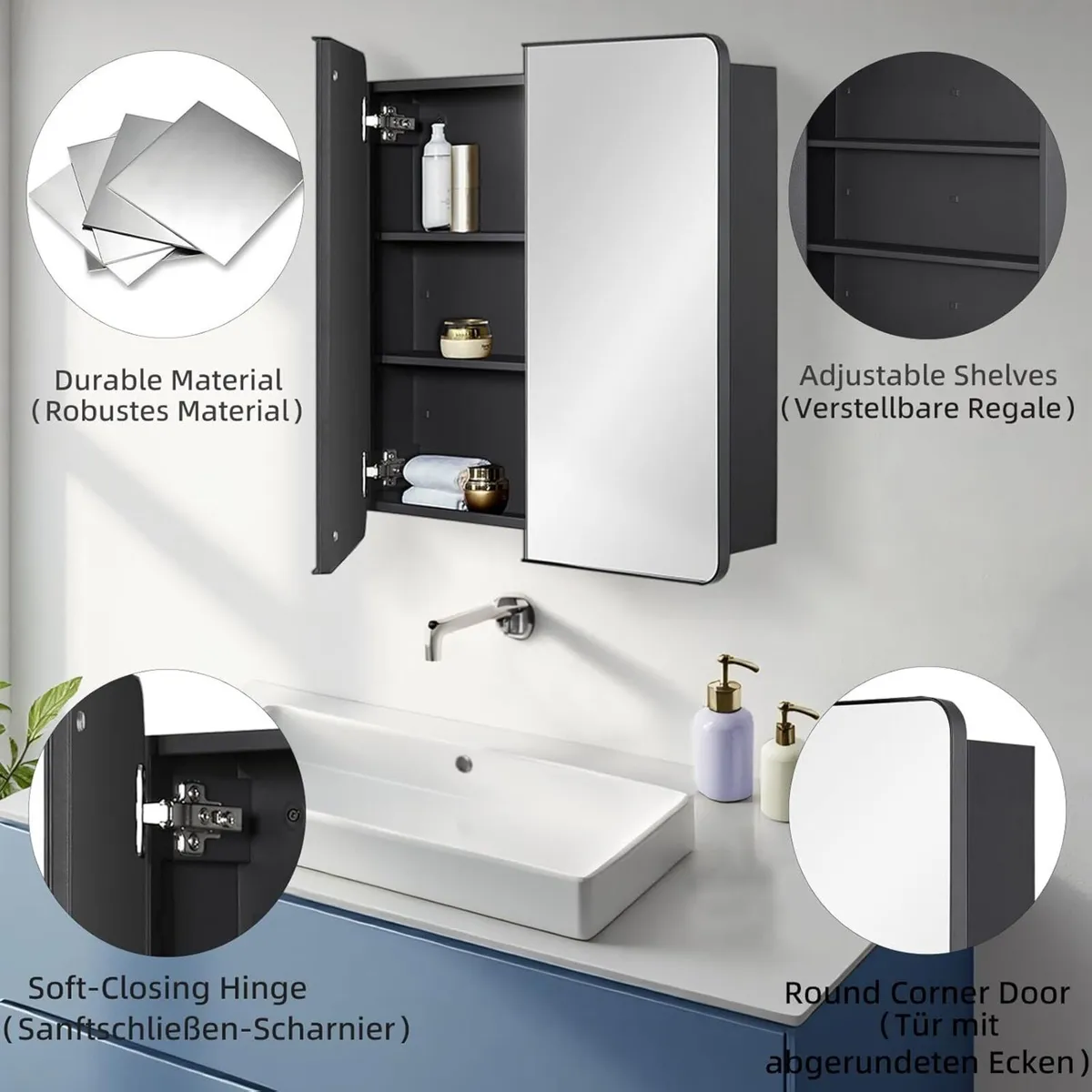 Bathroom Mirror Medicine Cabinet with Storage - - Image 3