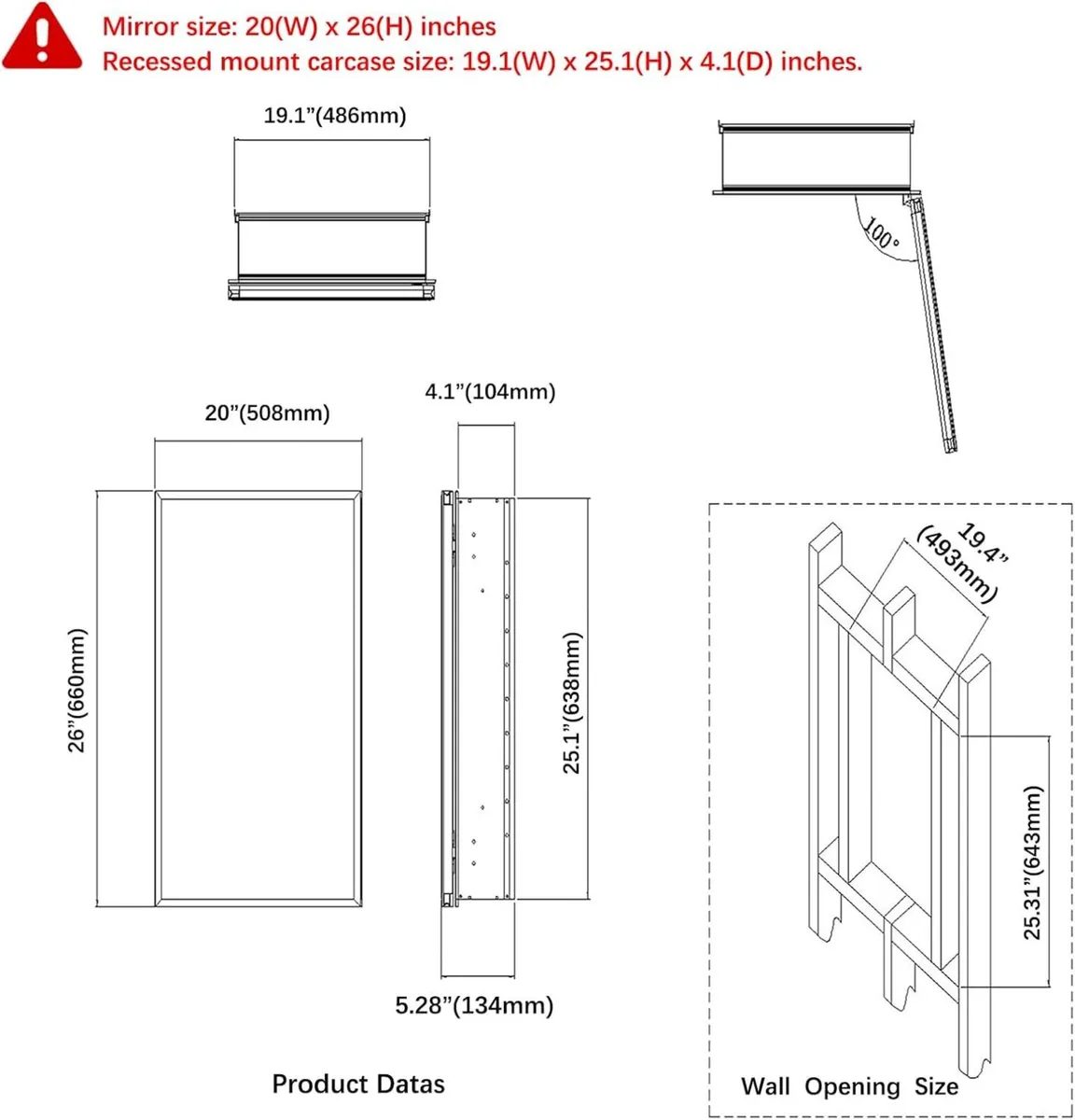 Bathroom Mirror Cabinet 50.8 x 66 CM Recessed or - Image 3