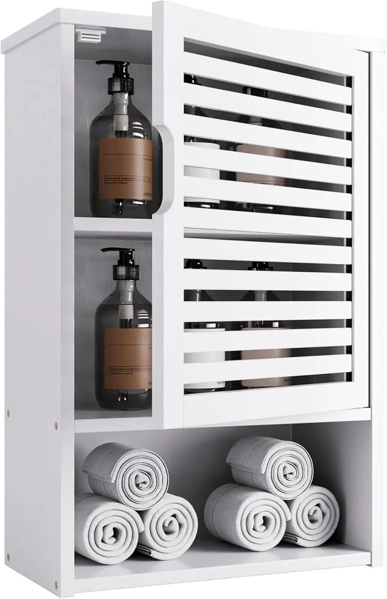 White Bathroom Wall Cabinet Bamboo Medicine - Image 1