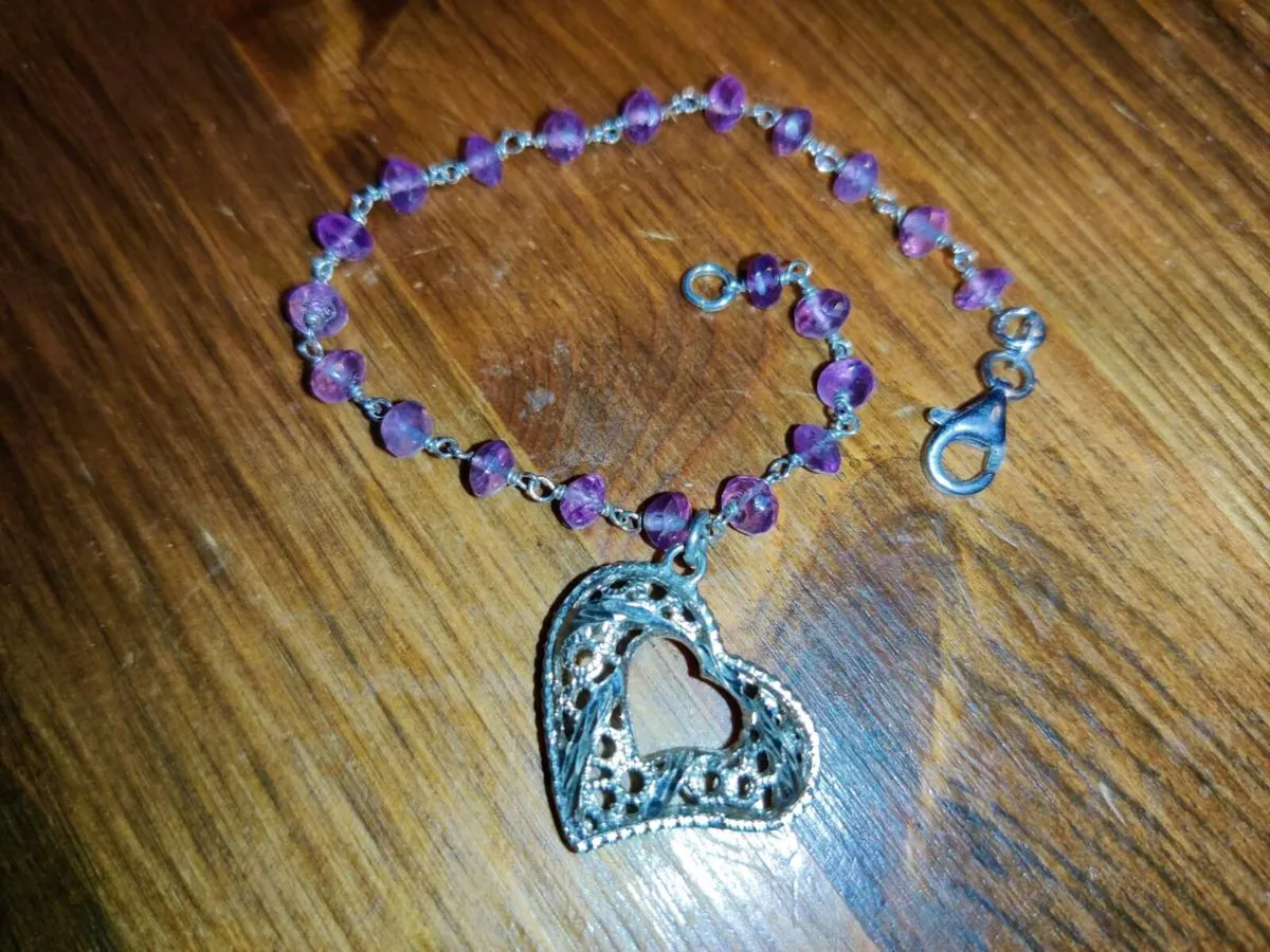 GLITTERY HEART AMETHYST, 925 Silver 8"New Bracelet - Image 1