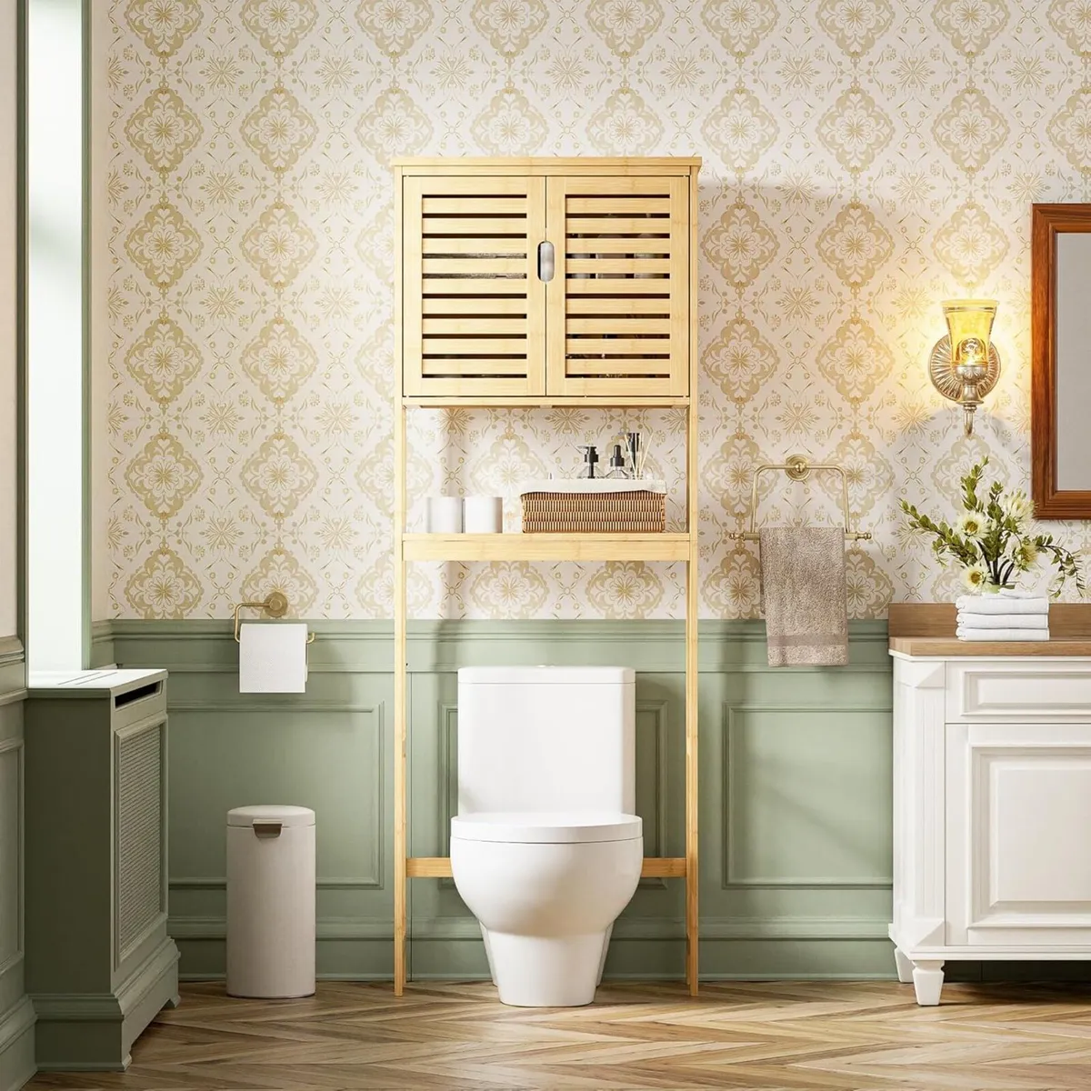 Bathroom Storage Shelf with Cabinet Bamboo - Image 2