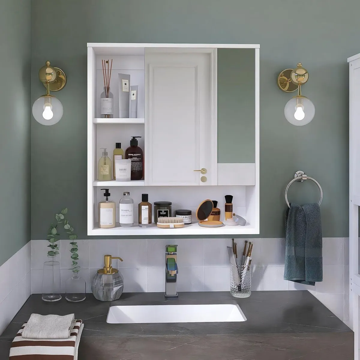 Bathroom Mirror Cabinet Wall Mounted Bamboo Space - Image 2