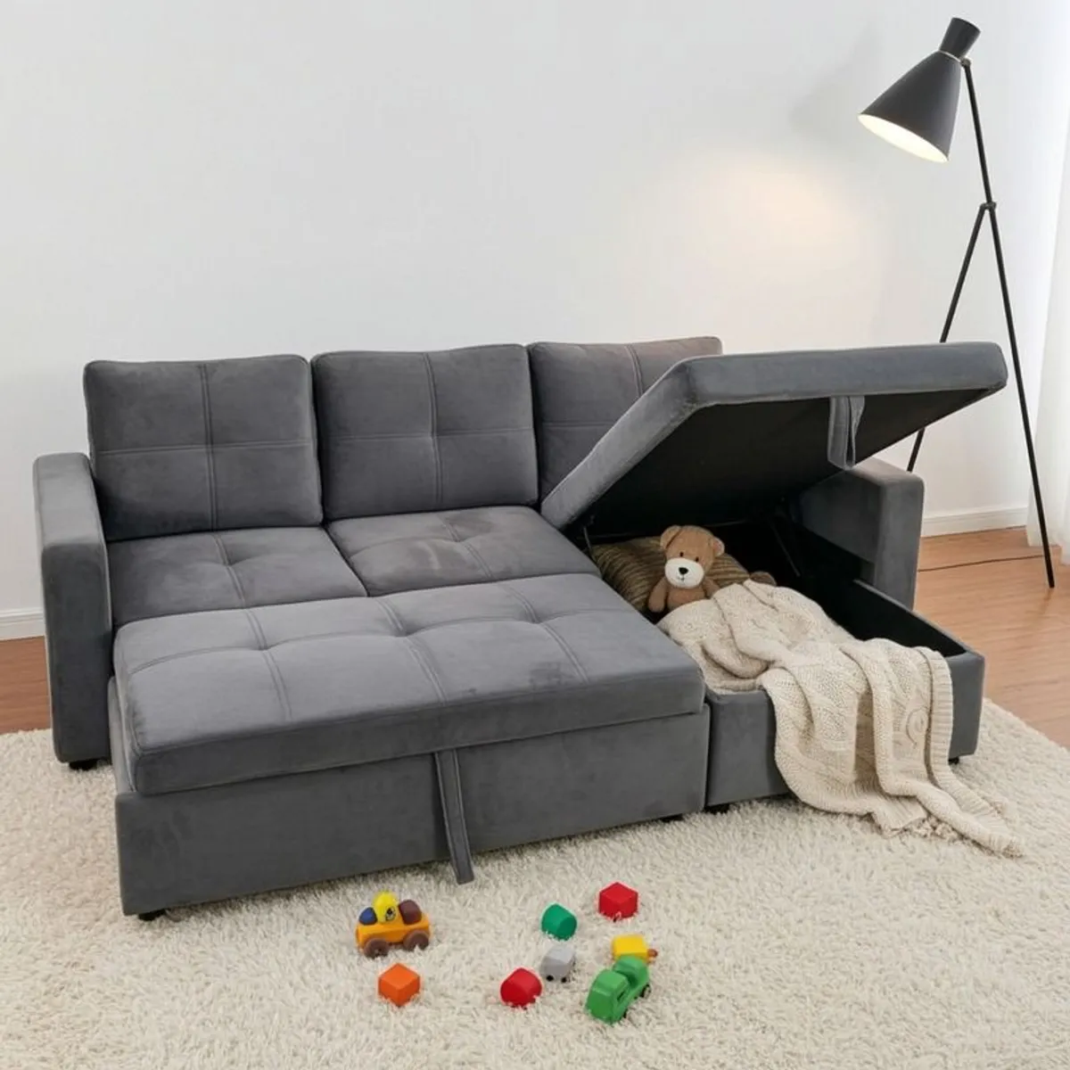 Grey velvet Corner Sofa Bed with Storage - Image 2
