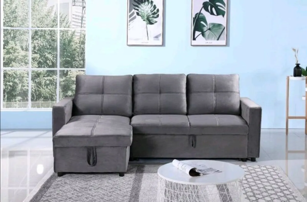 Grey velvet Corner Sofa Bed with Storage - Image 1