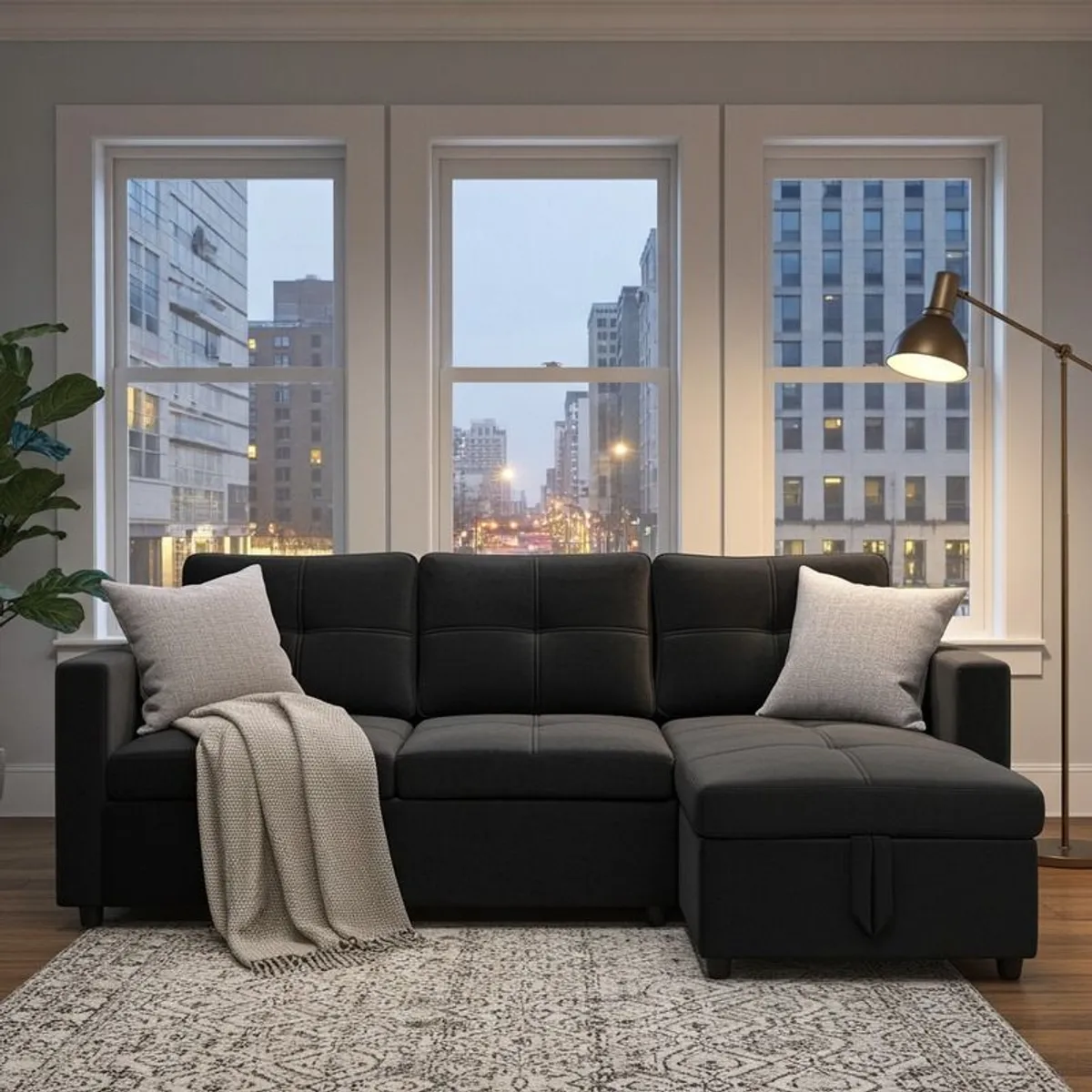 Black velvet Corner Sofa Bed Storage, 215cm - Image 2