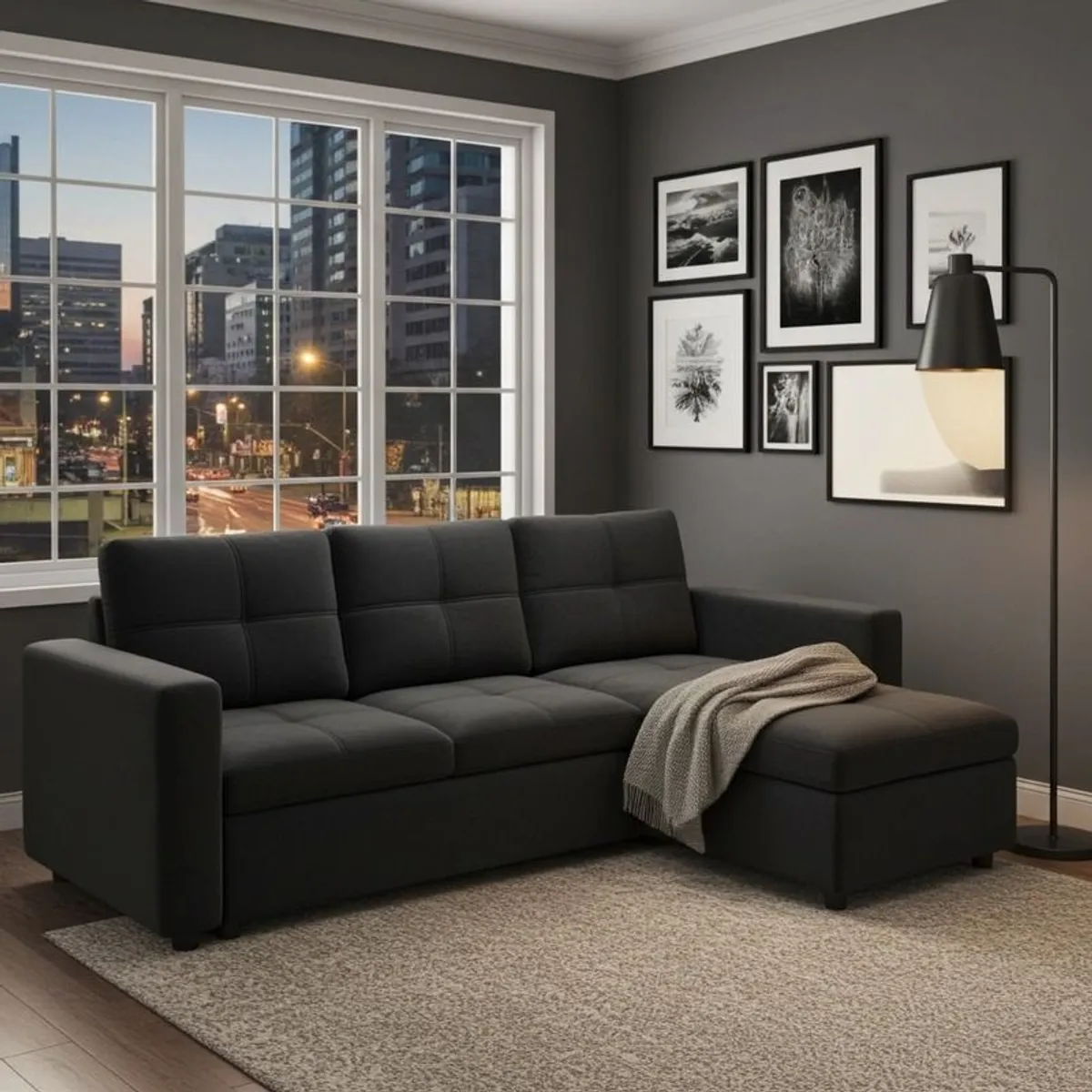 Black velvet Corner Sofa Bed Storage, 215cm - Image 2