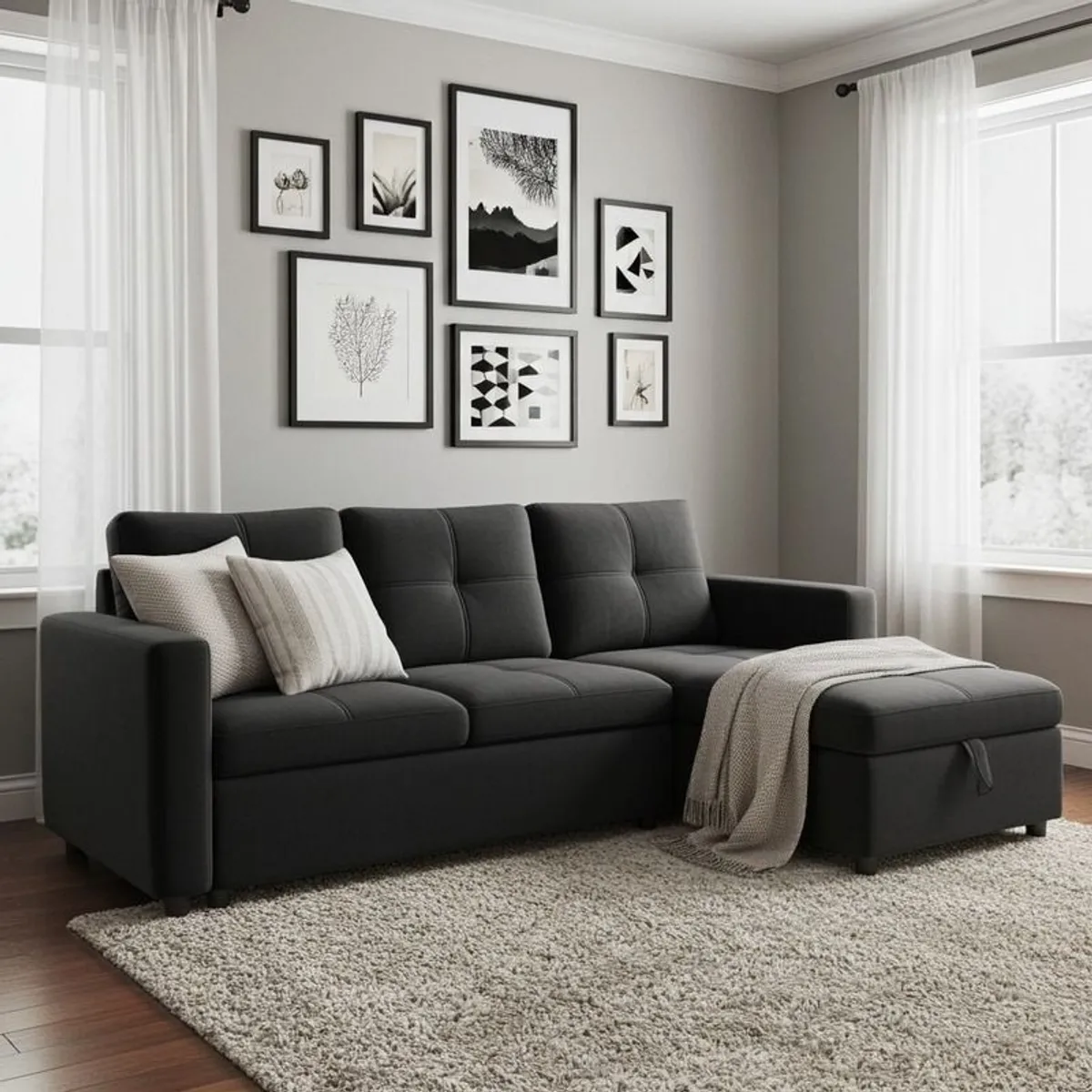 Black velvet Corner Sofa Bed Storage, 215cm - Image 3