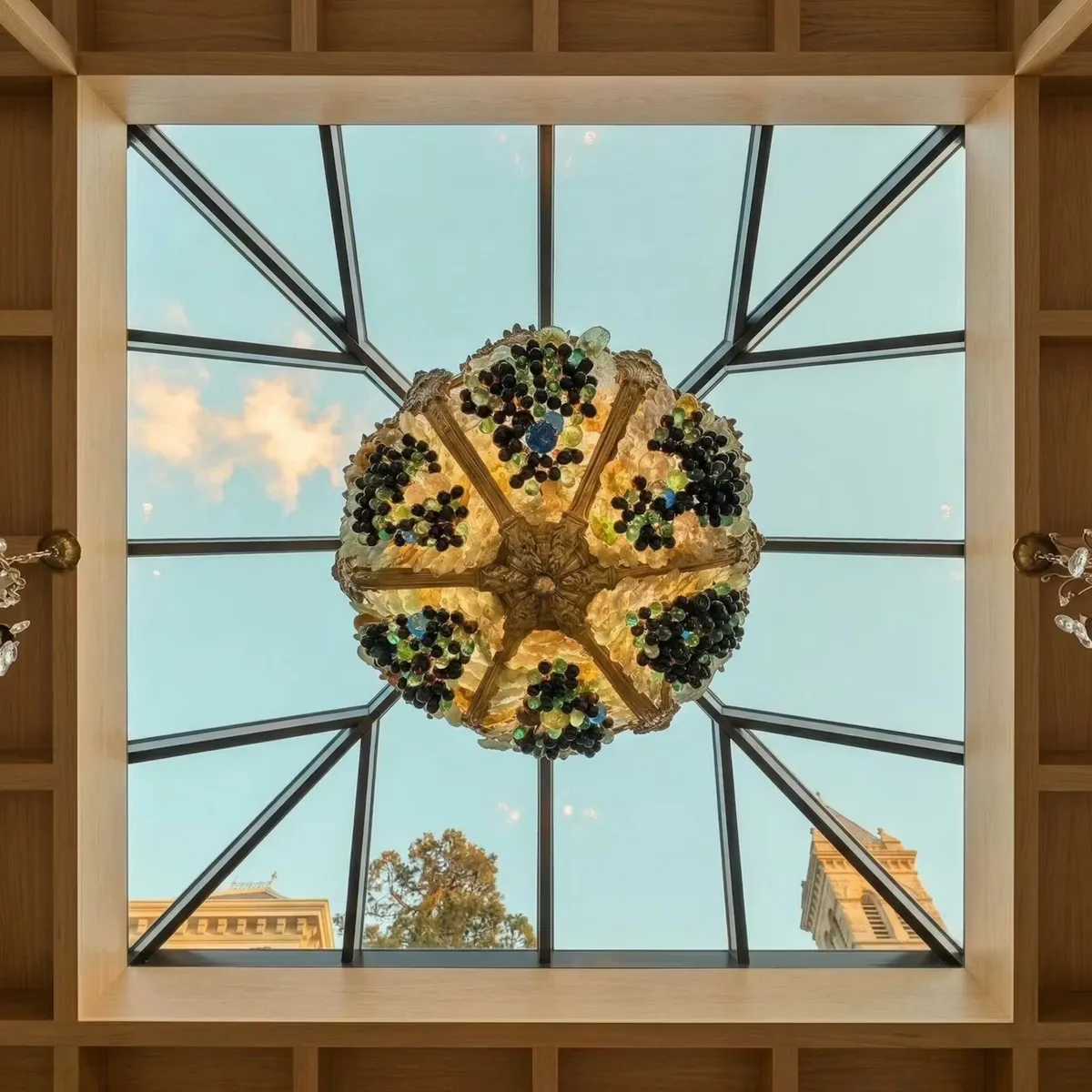 Very nice large brass and coloured chandelier