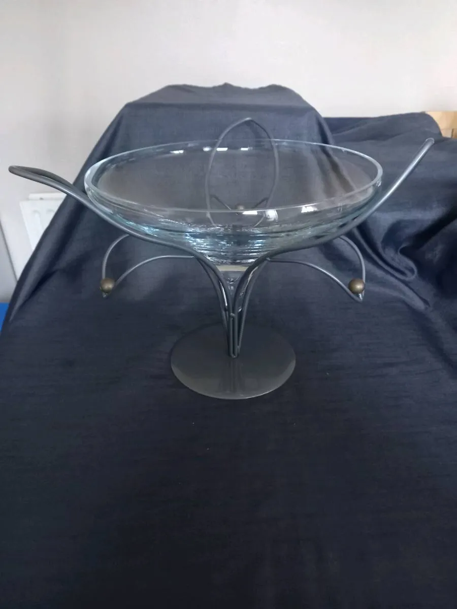 Glass Blown Bowl With Decorative Metal Base - Image 1