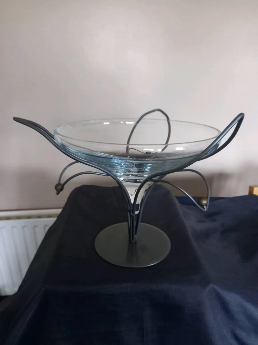 Glass Blown Bowl With Decorative Metal Base - Image 3