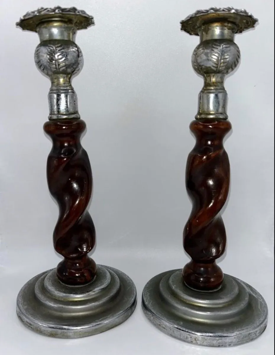 Art deco wood twisted candle holders - Image 1