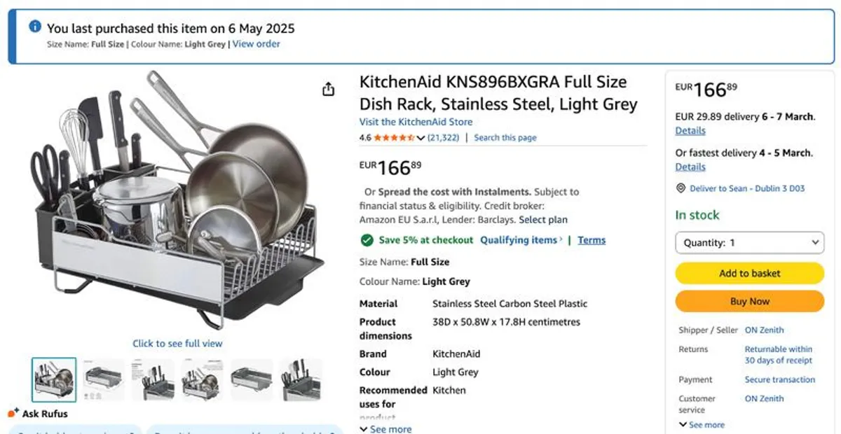 KitchenAid Full Size Dish Rack, Stainless Steel, Light Grey - Image 1