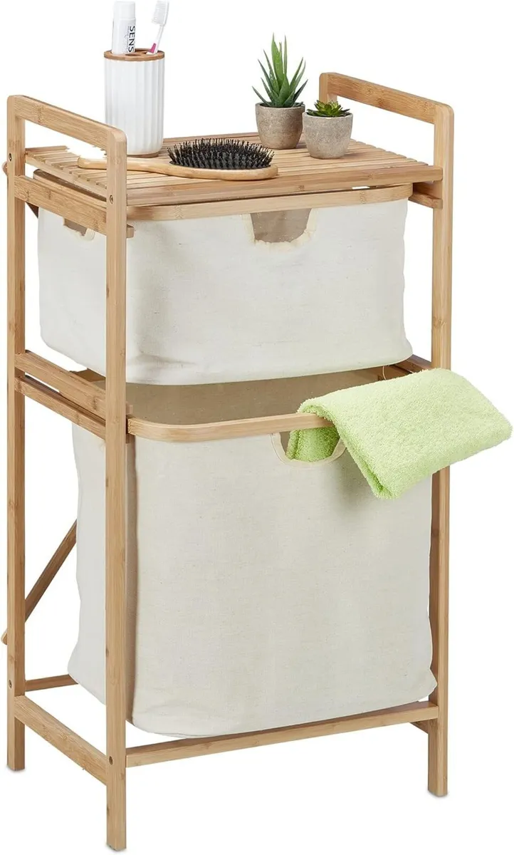 Bathroom Basket Shelf Bamboo Laundry Sorter 2 - Image 1