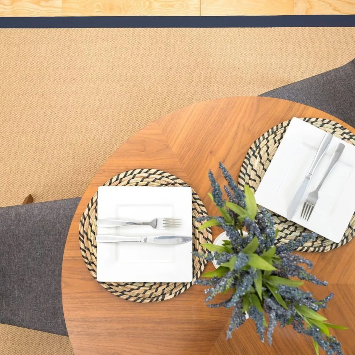 Natural Herringbone Navy Cotton Border Jute Area - Image 4