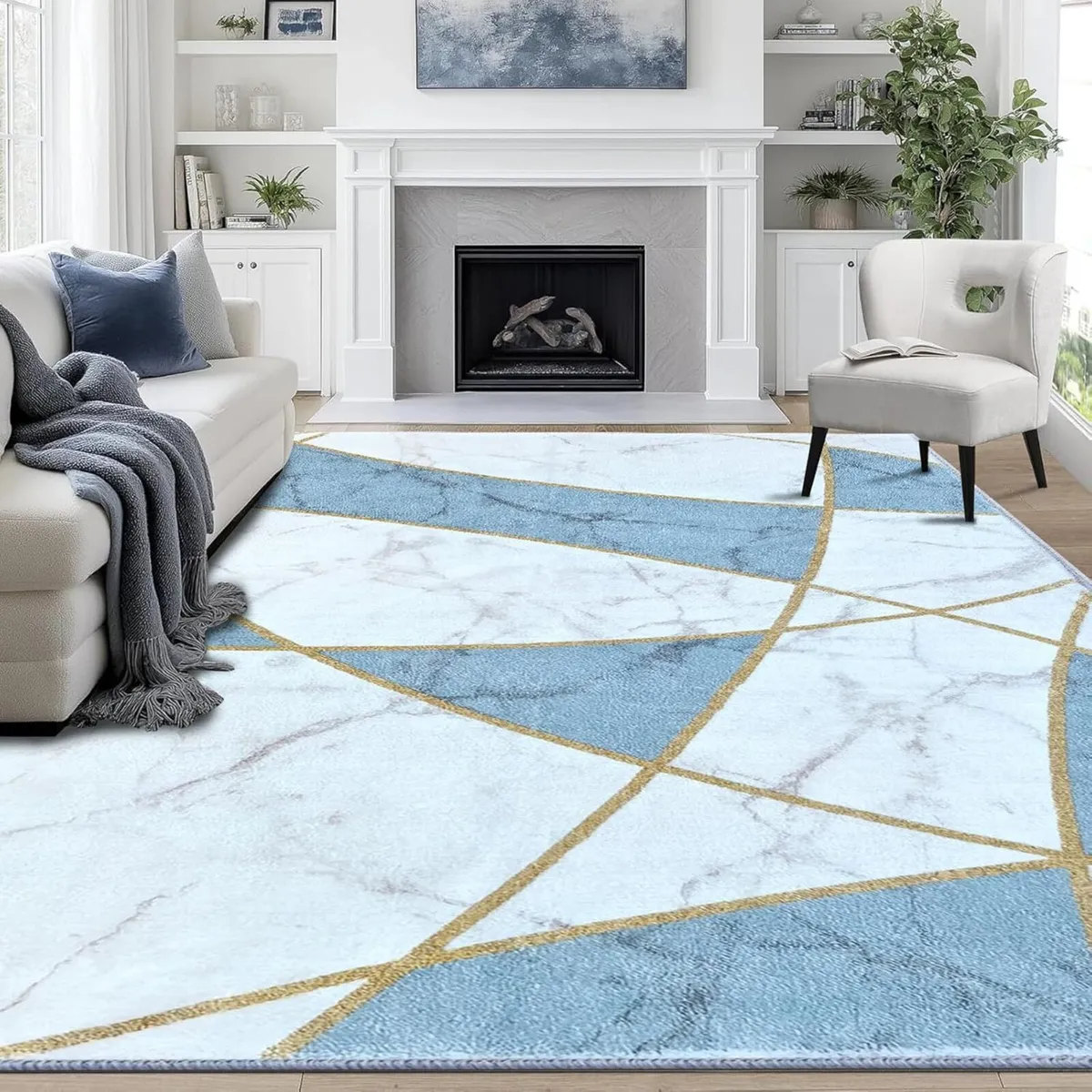 Modern Marble Rug for Living Room Large Blue and - Image 2