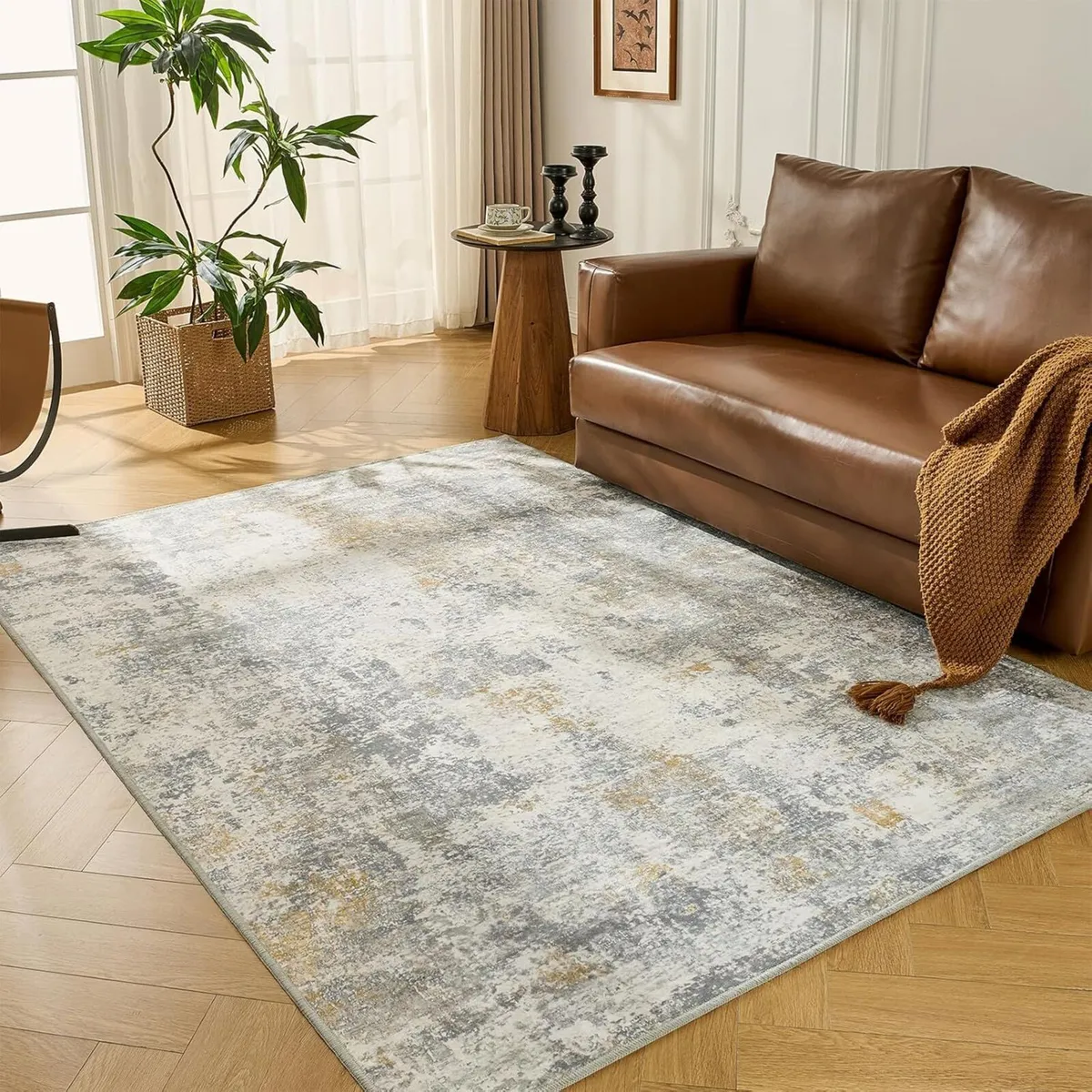 Cream Grey Large Low Pile Rug Washable Rugs for - Image 1